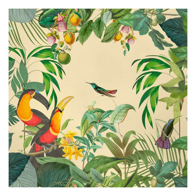 Leinwandbild - Vintage Collage - Vögel im Dschungel - Quadrat 1:1