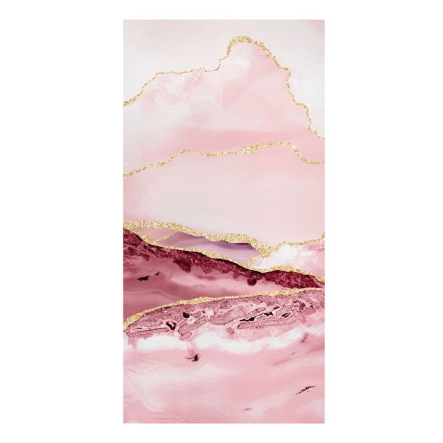 Leinwandbild - Abstrakte Berge Rosa mit Goldene Linien - Hochformat 2:1