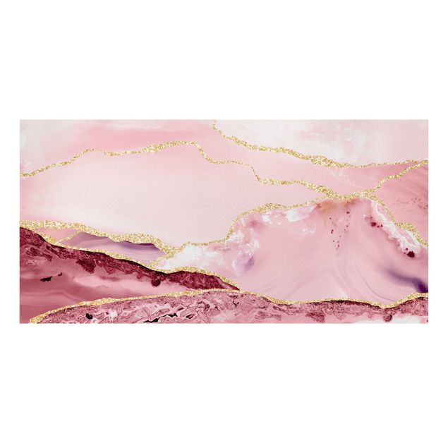 Leinwandbild - Abstrakte Berge Rosa mit Goldene Linien - Querformat 1:2