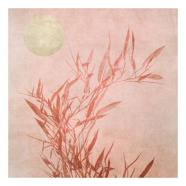 Leinwandbild - Goldene Sonne mit Rosa Bambus - Quadrat 1:1