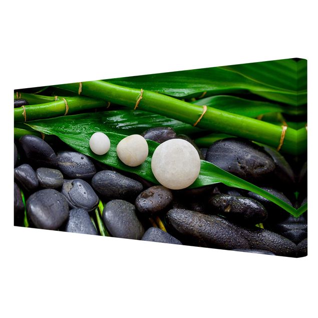 Leinwandbild - Grüner Bambus mit Zen Steinen - Querformat 1:2