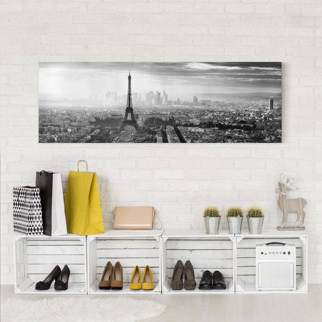 Leinwandbild - Der Eiffelturm von Oben Schwarz-weiß - Panorama 1:3