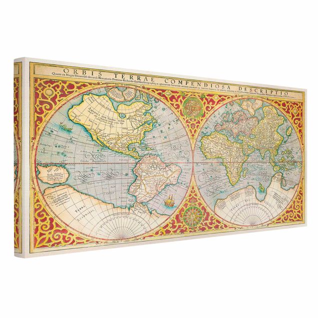 Leinwandbild - Historische Weltkarte Orbis Terrare Compendiosa Descriptio - Querformat 1:2
