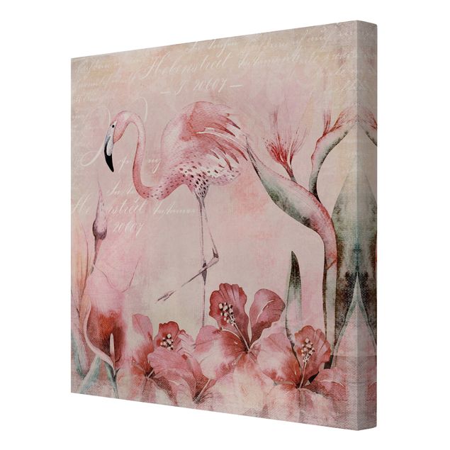 Leinwandbild - Shabby Chic Collage - Flamingo - Quadrat 1:1