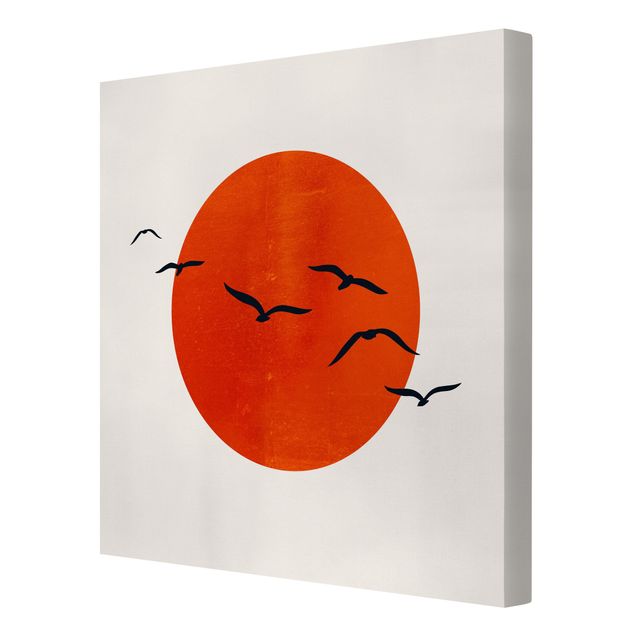 Leinwandbild - Vogelschwarm vor roter Sonne I - Quadrat 1:1