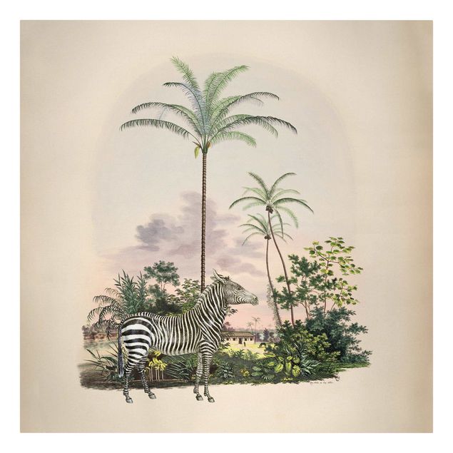 Leinwandbild - Zebra vor Palmen Illustration - Quadrat 1:1