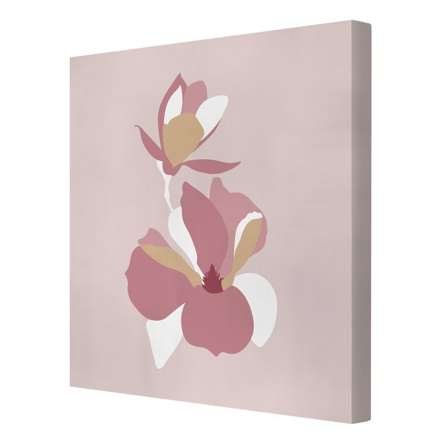 Leinwandbild - Line Art Blüten Pastell Rosa - Quadrat 1:1