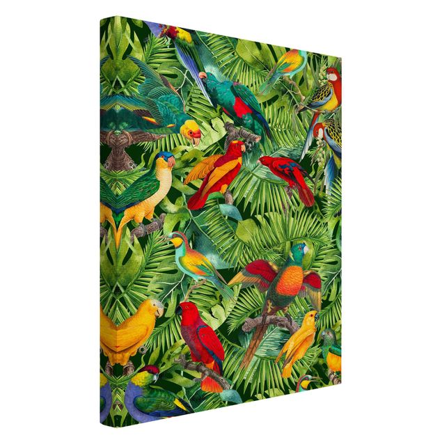 Leinwandbild - Bunte Collage - Papageien im Dschungel - Hochformat 3:2