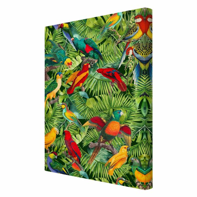 Leinwandbild - Bunte Collage - Papageien im Dschungel - Hochformat 3:2