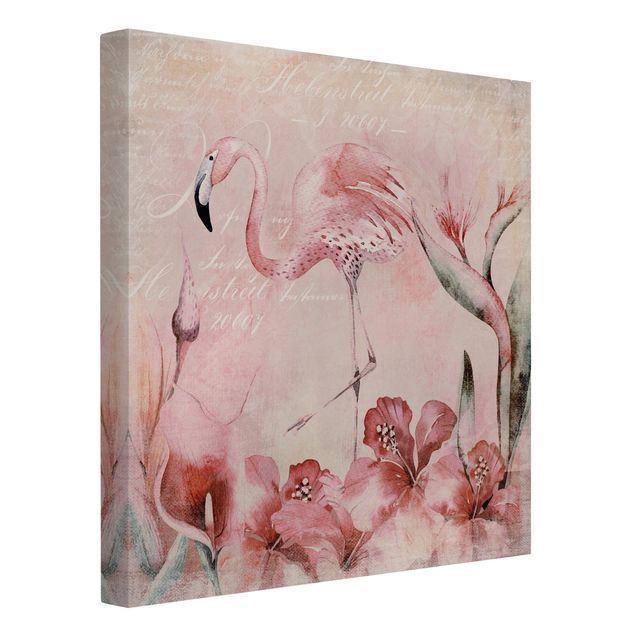 Leinwandbild - Shabby Chic Collage - Flamingo - Quadrat 1:1