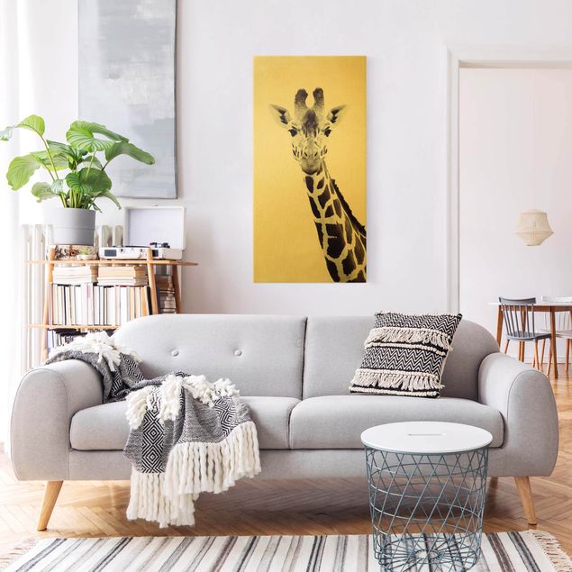 Leinwandbild Gold - Giraffen Portrait in Schwarz-weiß - Hochformat 1:2