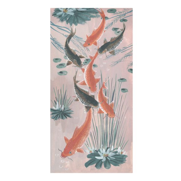 Leinwandbild - Asiatische Malerei Kois im Teich I - Hochformat 2:1