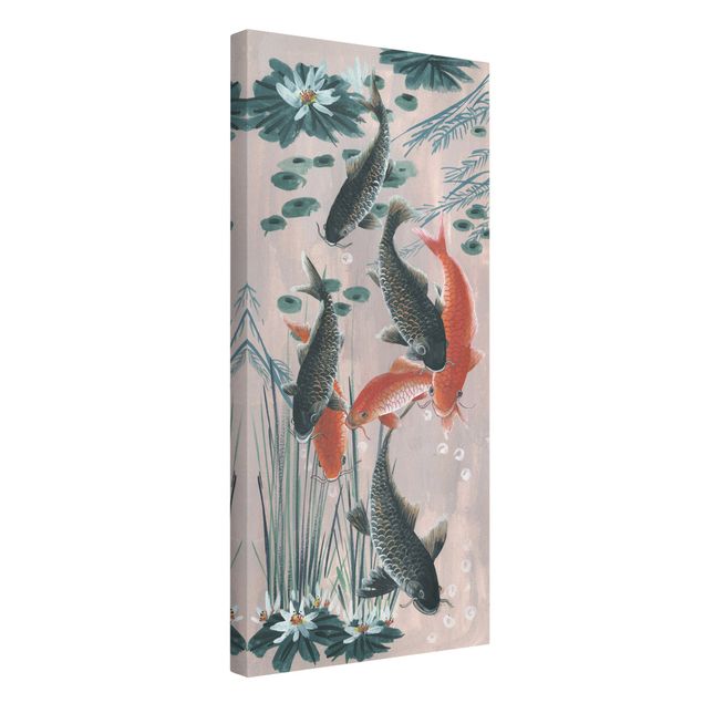 Leinwandbild - Asiatische Malerei Kois im Teich II - Hochformat 2:1