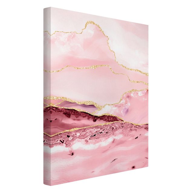 Leinwandbild - Abstrakte Berge Rosa mit Goldene Linien - Hochformat 3:2