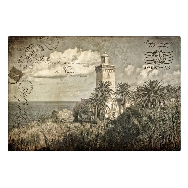 Leinwandbild - Leuchtturm und Palmen - Vintage Postkarte - Querformat 2:3