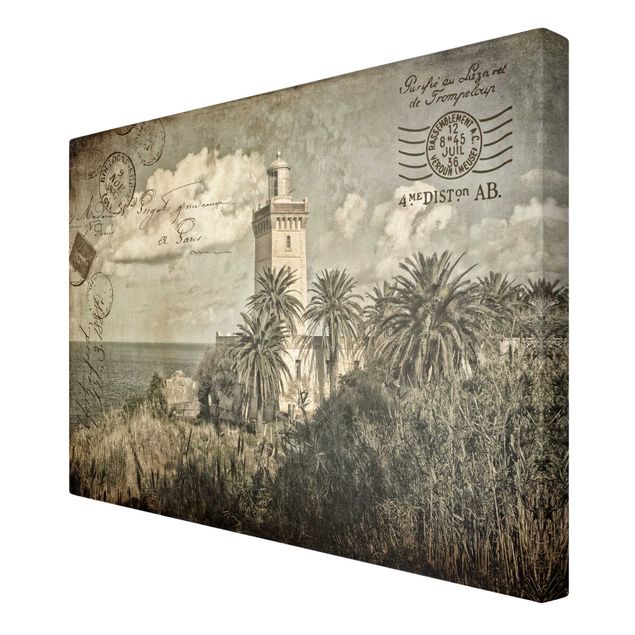 Leinwandbild - Leuchtturm und Palmen - Vintage Postkarte - Querformat 2:3