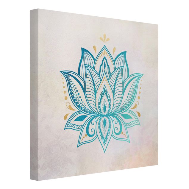 Leinwandbild - Lotus Illustration Mandala gold blau - Quadrat 1:1