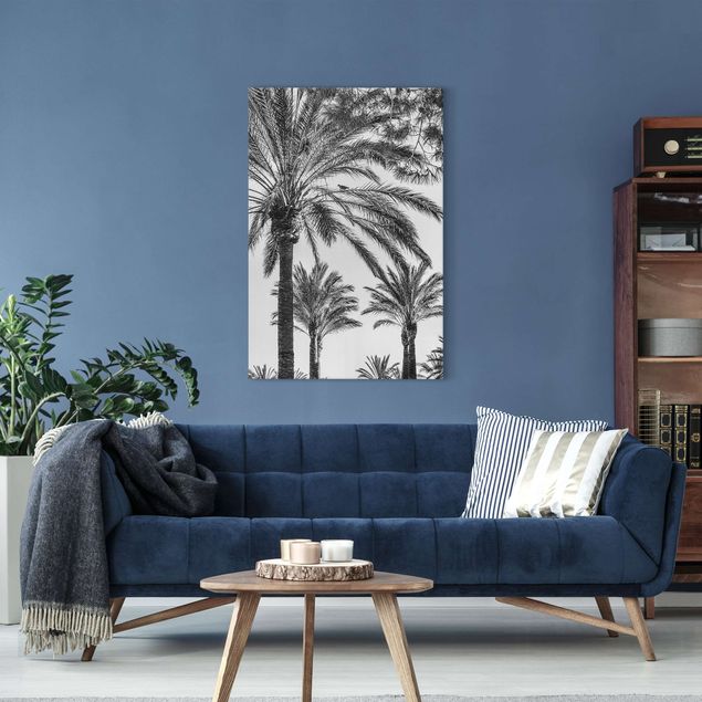 Leinwandbild - Palmen im Sonnenuntergang Schwarz-Weiß - Hochformat 3:2