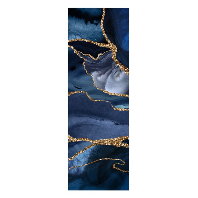 Leinwandbild - Goldene Glitzer Wellen vor Blau - Panorama Hochformat 3:1