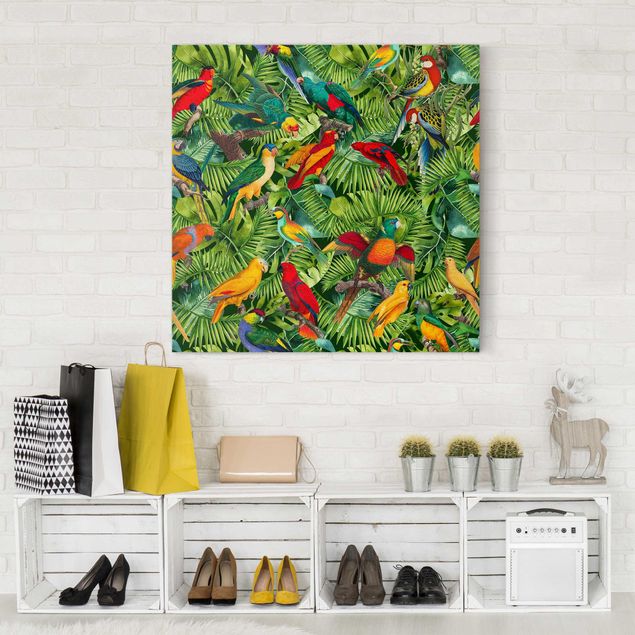 Leinwandbild - Bunte Collage - Papageien im Dschungel - Quadrat 1:1