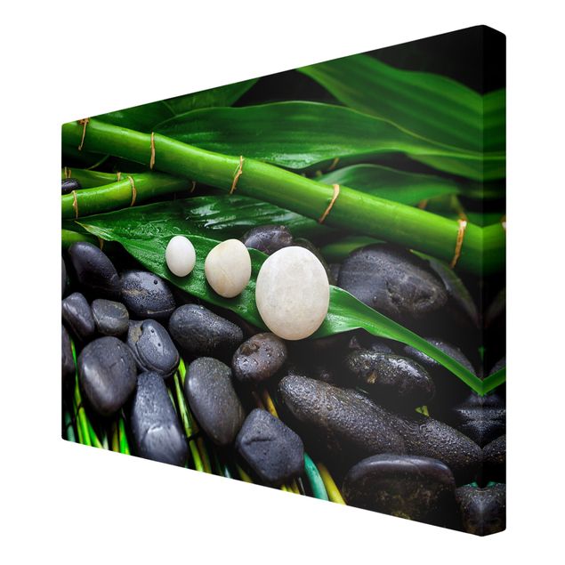 Leinwandbild - Grüner Bambus mit Zen Steinen - Querformat 2:3