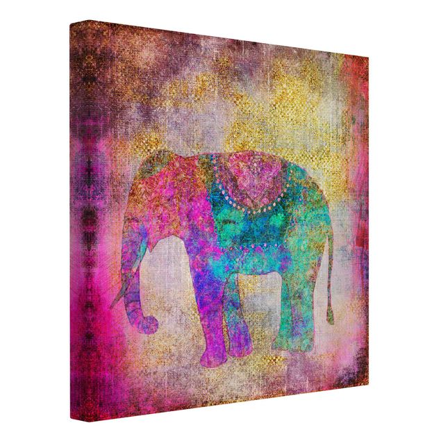 Leinwandbild - Bunte Collage - Indischer Elefant - Quadrat 1:1