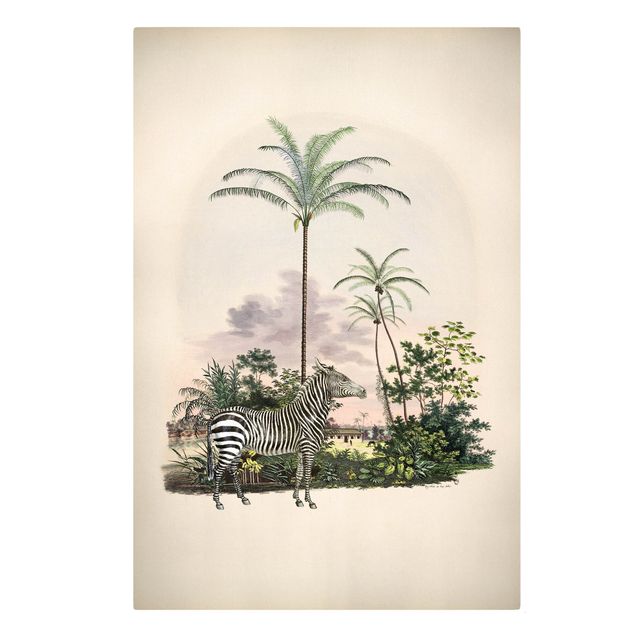 Leinwandbild - Zebra vor Palmen Illustration - Hochformat 3:2