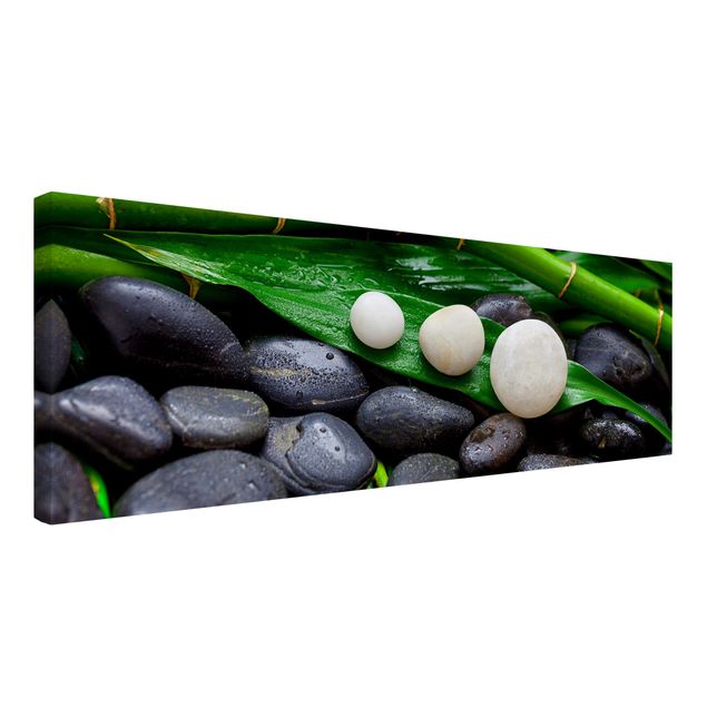 Leinwandbild - Grüner Bambus mit Zen Steinen - Panorama 1:3