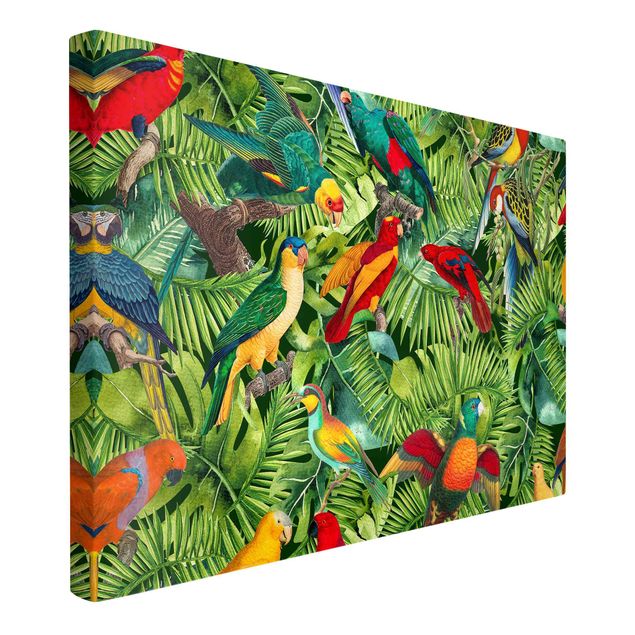Leinwandbild - Bunte Collage - Papageien im Dschungel - Querformat 2:3