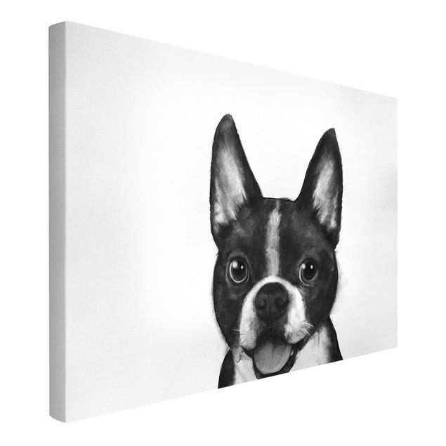 Leinwandbild - Illustration Hund Boston Schwarz Weiß Malerei - Querformat 2:3