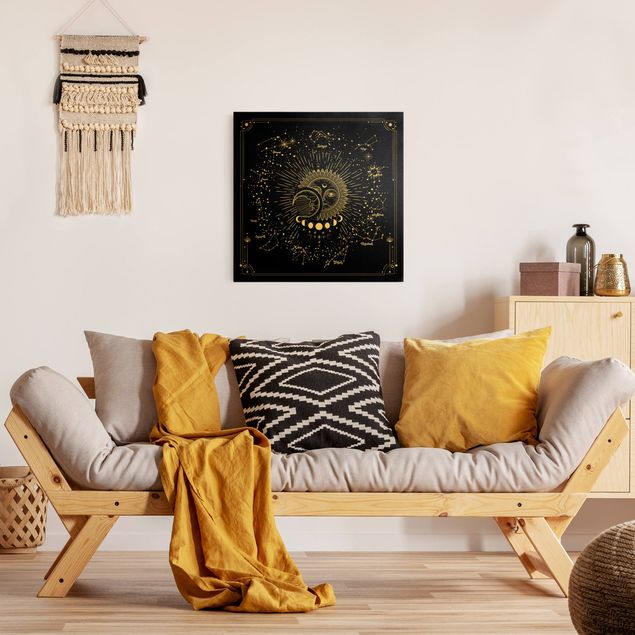 Leinwandbild Gold - Astrologie Sonne Mond und Sterne Schwarz - Quadrat