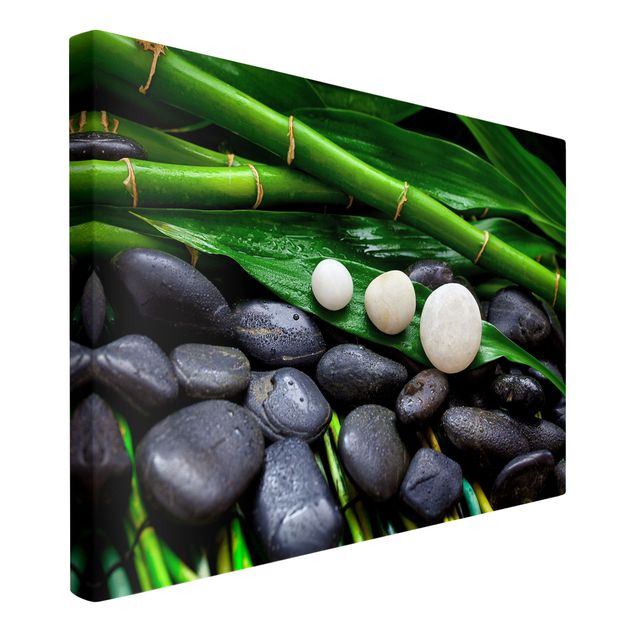 Leinwandbild - Grüner Bambus mit Zen Steinen - Querformat 2:3