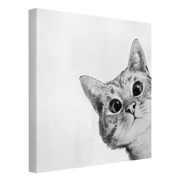 Leinwandbild - Illustration Katze Zeichnung Schwarz Weiß - Quadrat 1:1