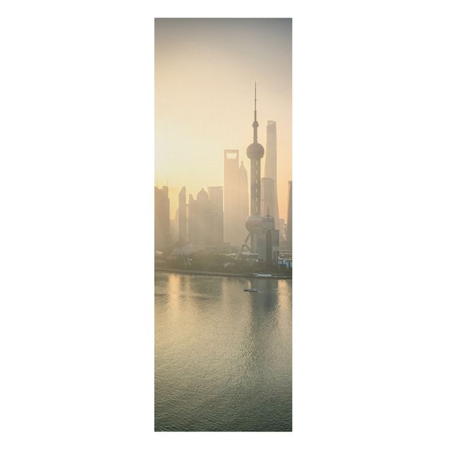 Leinwandbild - Pudong bei Sonnenaufgang - Panorama Hochformat 1:3