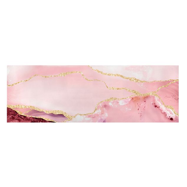 Leinwandbild - Abstrakte Berge Rosa mit Goldene Linien - Panorama 1:3