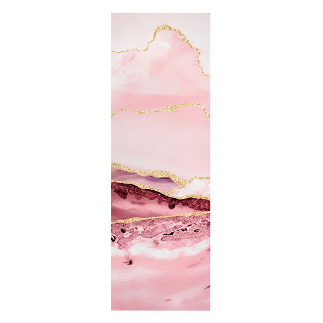 Leinwandbild - Abstrakte Berge Rosa mit Goldene Linien - Panorama Hochformat 3:1