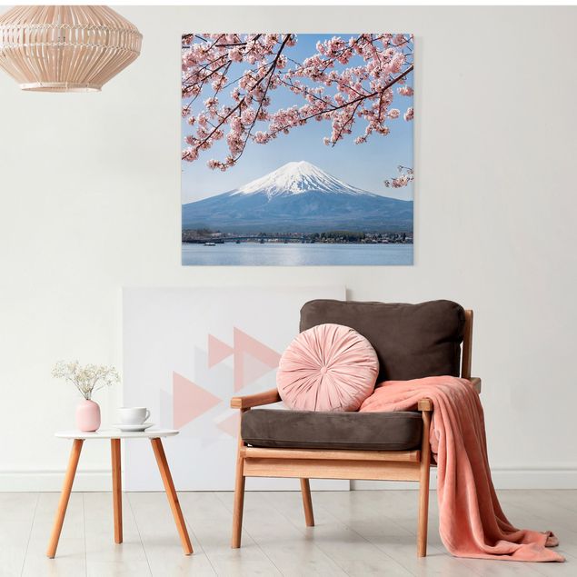 Leinwandbild - Kirschblüten mit Berg Fuji - Quadrat 1:1