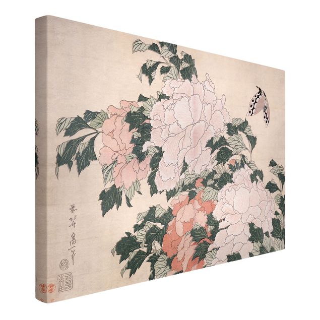 Leinwandbild - Katsushika Hokusai - Rosa Pfingstrosen mit Schmetterling - Querformat 2:3
