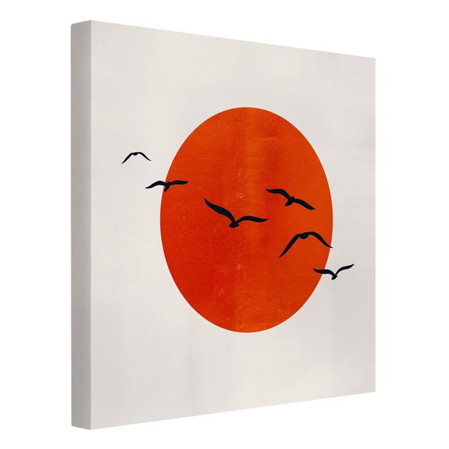 Leinwandbild - Vogelschwarm vor roter Sonne I - Quadrat 1:1