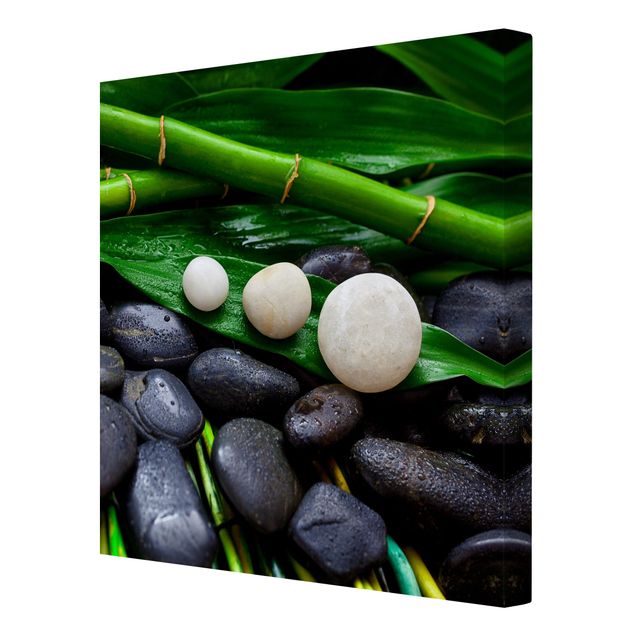 Leinwandbild - Grüner Bambus mit Zen Steinen - Quadrat 1:1