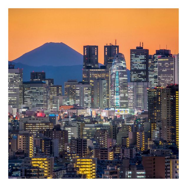 Leinwandbild - Tokio mit dem Fuji am Abend - Quadrat 1:1
