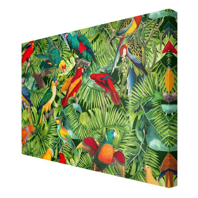 Leinwandbild - Bunte Collage - Papageien im Dschungel - Querformat 2:3