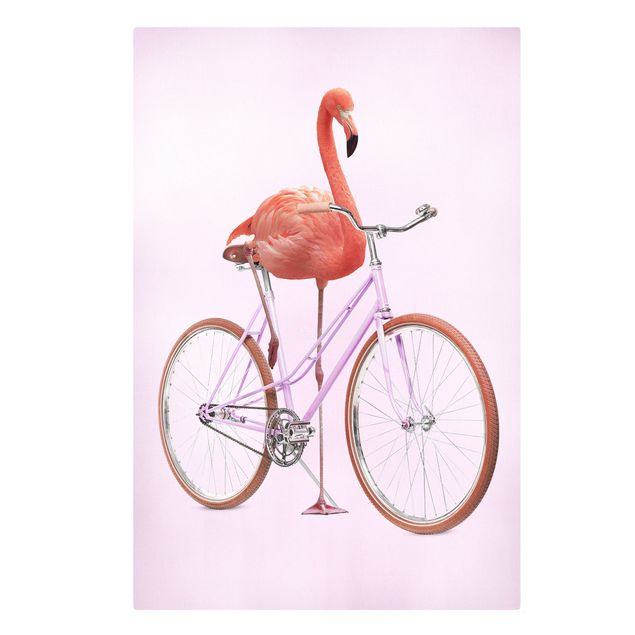 Leinwandbild - Jonas Loose - Flamingo mit Fahrrad - Hochformat 3:2