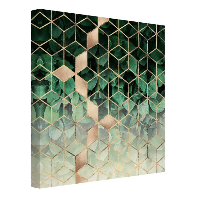 Leinwandbild - Grüne Blätter goldene Geometrie - Quadrat 1:1