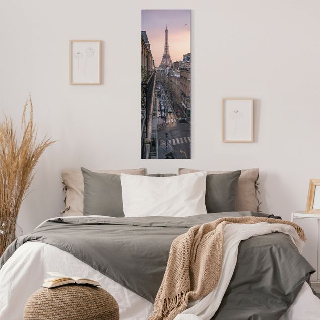 Leinwandbild - Eiffelturm bei Sonnenuntergang - Panorama Hochformat 1:3