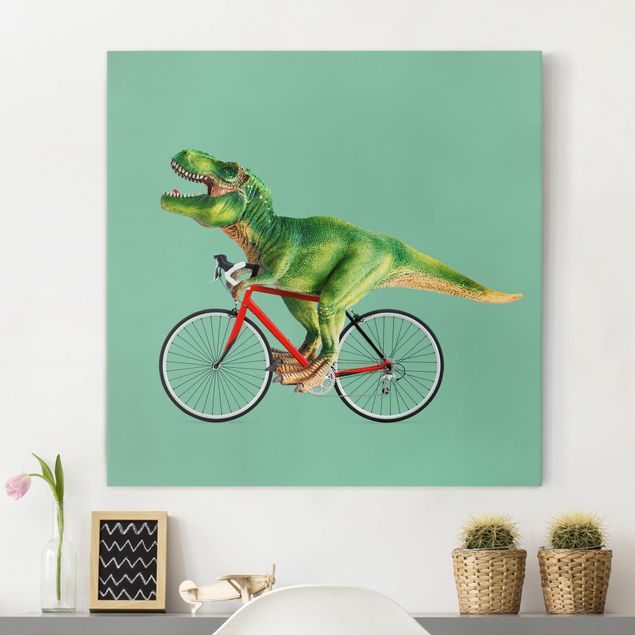 Leinwandbild - Jonas Loose - Dinosaurier mit Fahrrad - Quadrat 1:1