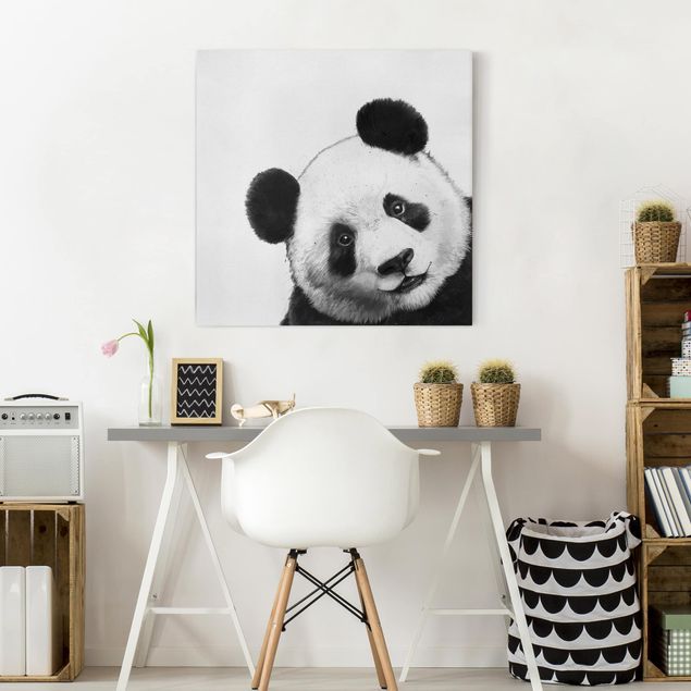 Leinwandbild - Illustration Panda Schwarz Weiß Malerei - Quadrat 1:1