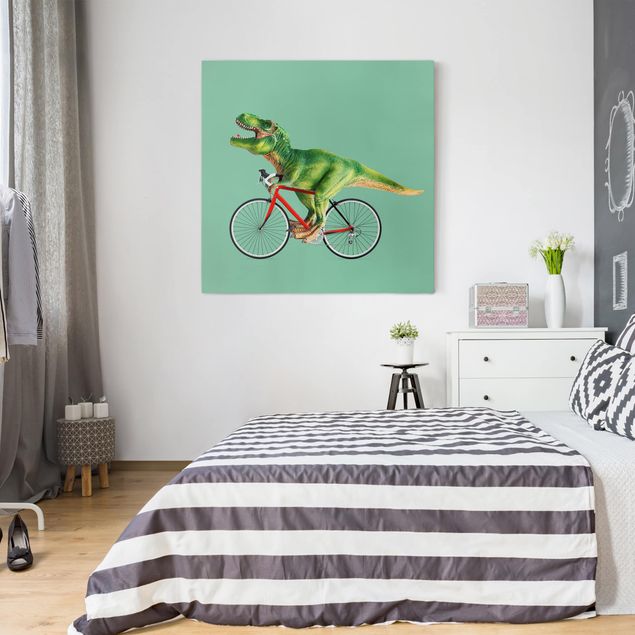 Leinwandbild - Jonas Loose - Dinosaurier mit Fahrrad - Quadrat 1:1