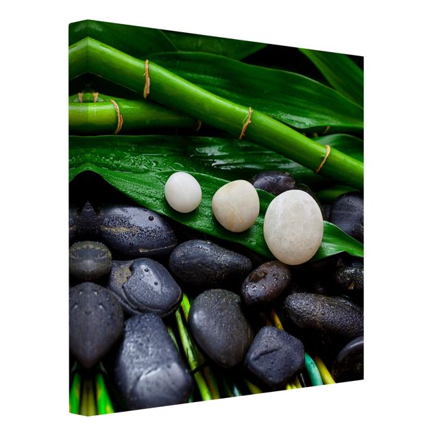 Leinwandbild - Grüner Bambus mit Zen Steinen - Quadrat 1:1