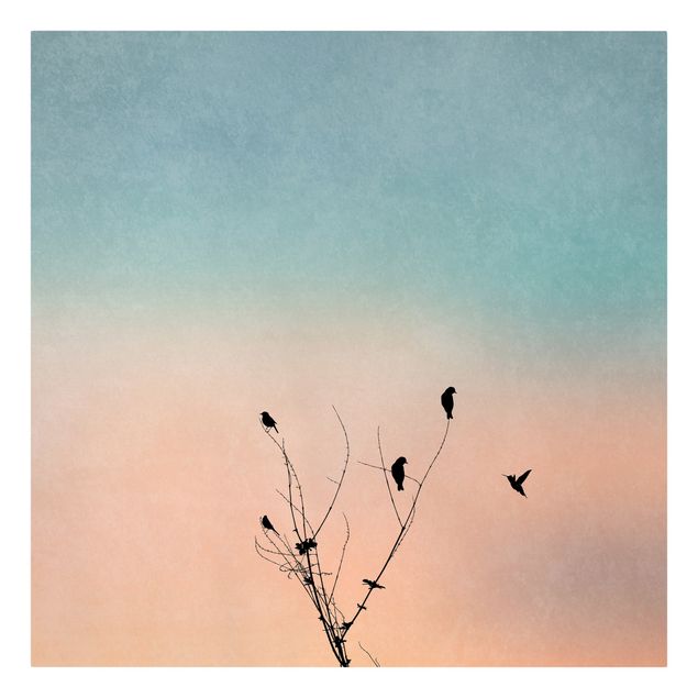 Leinwandbild - Vögel vor rosa Sonne II - Quadrat 1:1